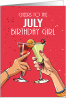 July Birthday Girl with Red Background and Cocktails Birthday Month card