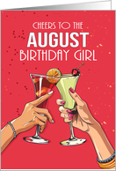 August Birthday Girl with Red Background and Cocktails Birthday Month card