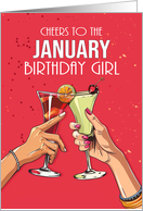 January Birthday Girl with Red Background and Cocktails Birthday Month card