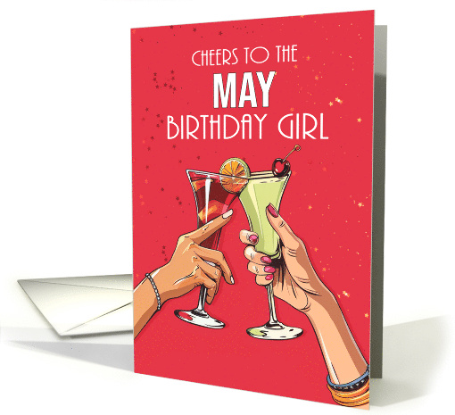 May Birthday Girl with Red Background Cocktails Birthday Month card