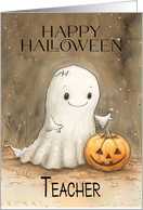 Teacher Halloween with a Cute Ghost and Pumpkin card