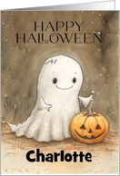 Custom Name Halloween with a Cute Ghost and Pumpkin card