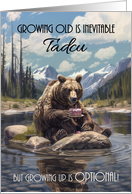 Tadcu Welsh Grandfather Bear in a Lake Eating Cake Humorous Birthday card