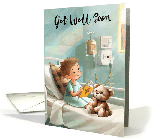Get Well Soon Little Boy and a Teddy in a Hospital Bed card (1864660)