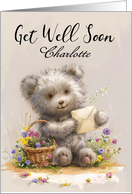 Get Well Soon Teddy Bear with Envelope and Wild Flowers any Name card