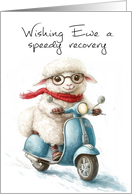Get Well Soon Sheep on a Moped Play on Words Ewe card