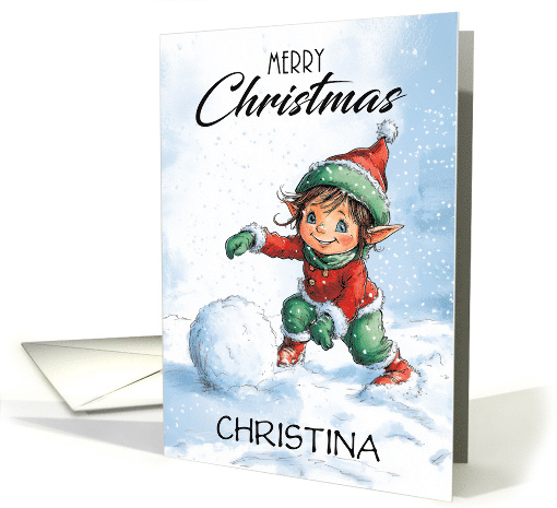 Merry Christmas Girl Elf Rolling up a Snowball to Make a Snowman card