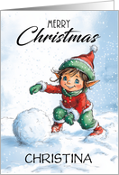 Merry Christmas Girl Elf Rolling up a Snowball to Make a Snowman card
