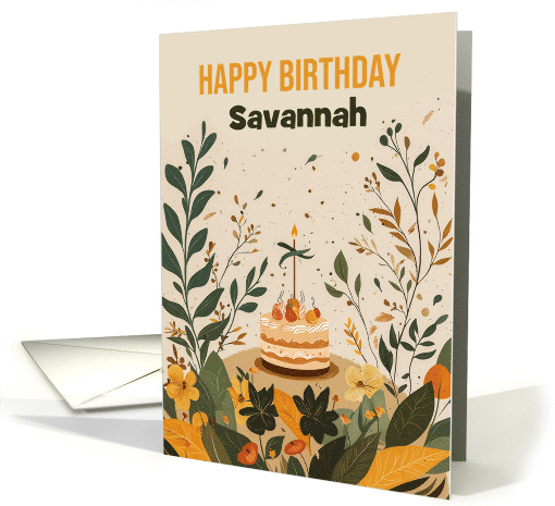Any Name Botanical and Cake Birthday with Leaves of Blended Green card