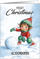 Goddaughter Merry Christmas Girl Elf Rolling up a Snowball card