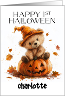Happy First Halloween with Little Bear on a Pumpkin and Leaves Blank card