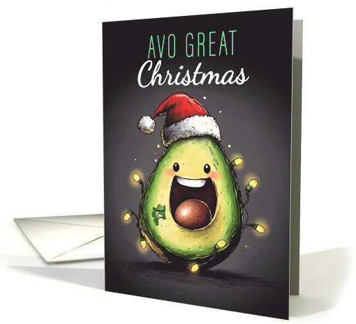 Fun Avocado with Holiday Lights and Santa Hat Avo Great Christmas card