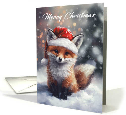 Fox Wearing a Santa Hat Holding a Piece of Holly Merry Christmas card