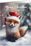 Fox Wearing a Santa Hat Holding a Piece of Holly Merry Christmas card