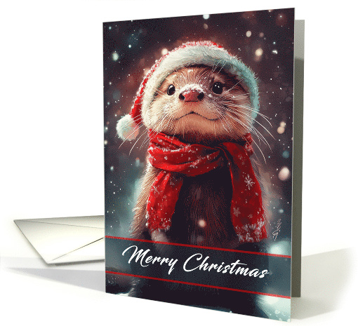 Otter Wearing a Santa Hat Holding Winter Scene Merry Christmas card