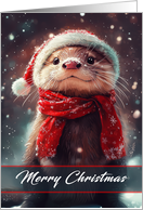 Otter Wearing a Santa Hat Holding Winter Scene Merry Christmas card