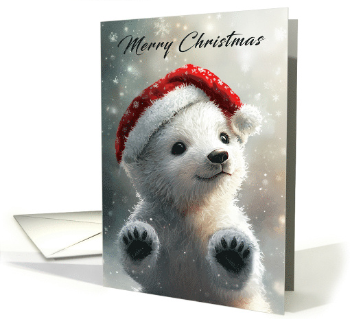 Polar Bear Cub Wearing a Santa Hat Holding Winter Scene card (1877218)