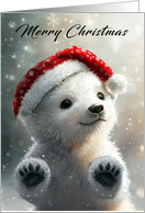 Polar Bear Cub Wearing a Santa Hat Holding Winter Scene card
