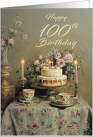 100th Birthday with Cake and Tea Candles and Roses Vintage Style card