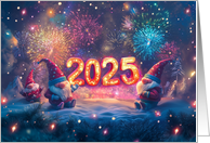 2025 Happy New Year with Bright Fire and Winter Gnomes card