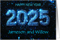 2025 Happy New Year with Bright Blue Glitter Style and Glass Numbers card