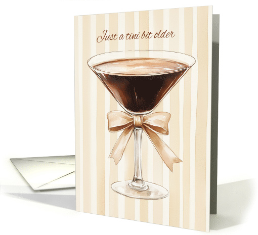 A Birthday Watercolor Expresso Martini with Beige Bow and Stripes card