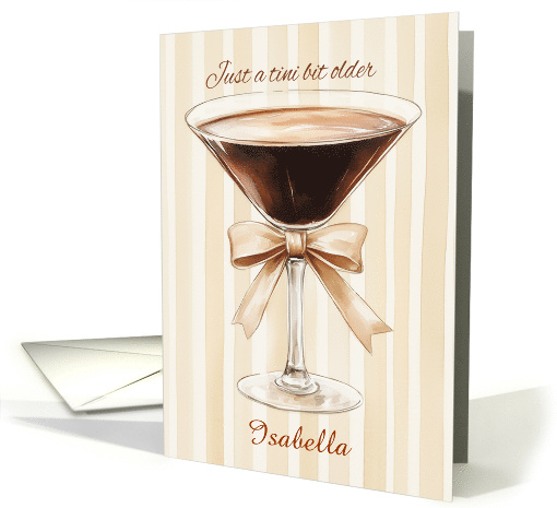 A Birthday Watercolor Expresso Martini with Beige Bow and Stripes card