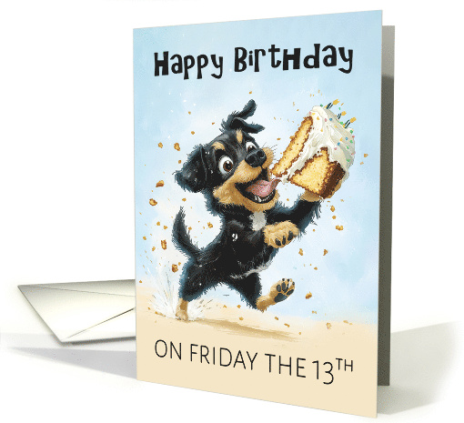 Friday the 13th Birthday with a Puppy Stealing a Slice of Cake card