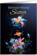 Sister Birthday Wishes with Fractal Flowers on Dark Blue Blends card