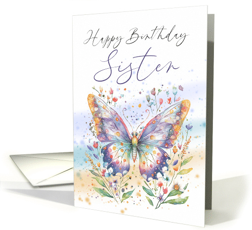 Sister Birthday with a Pretty Butterfly and Scattered Flowers card