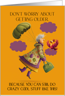 Humorous Cartoon Lady Parachuting Shocking a Bird Yellow and Purple card