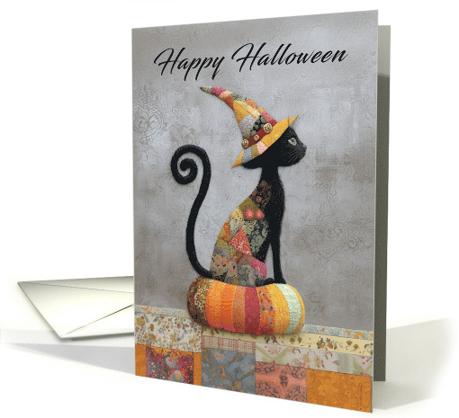 Halloween Black Cat Sitting on a Patchwork Pumpkin With... (1945070)