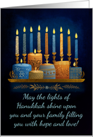 Happy Hanukkah Menorah and Candles in Blended Tones of Gold and Blue card