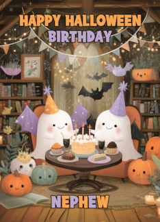 Nephew Happy Halloween Birthday with Ghosts Bats and Pumpkins