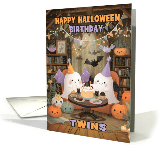 Twins Happy Halloween Birthday with Ghosts Bats and Pumpkins card