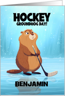 Hockey Groundhog on Blue Holding a Hockey Stick on the Ice