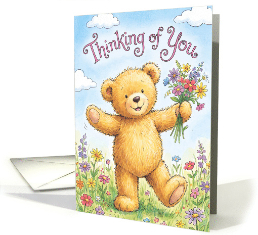 Thinking of you Teddy Bear with a Big Bunch of Flowers card (1999032)