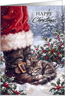 Merry Christmas Winter Scene With Santa&rsquo;s Boots and a Kitten card