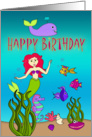 Happy Birthday, Mermaid with Red Hair, Ocean and Colorful Fish card