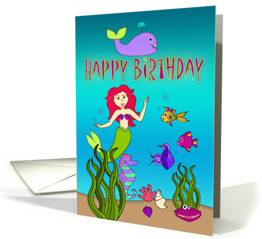Happy Birthday, Mermaid with Red Hair, Ocean and Colorful Fish card