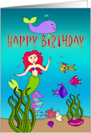 Happy Birthday, Mermaid with Red Hair, Ocean and Colorful Fish card