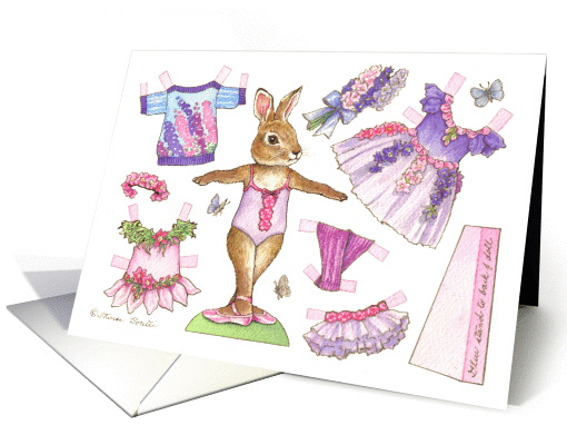 Paper Doll Ballerina Bunny July Birthday nostalgic kids activity card
