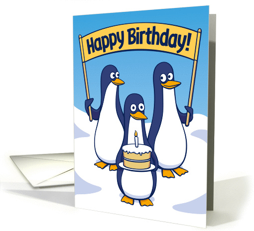 Happy Birthday Funny Penguins with Birthday Cake card (1365296)