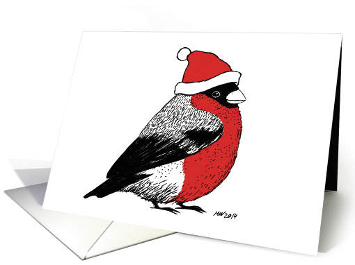 Season's Greetings, A bullfinch with a Christmas hat card (1404634)