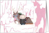 Season’s Greetings - A kid with a reindeer in the snowy forest card