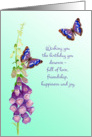 Birthday wishes with foxgloves and purple emperor butterflies card