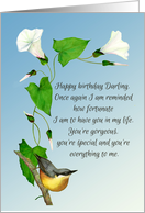 Nuthatch Bird and Morning Glory Flower Happy Birthday Darling card