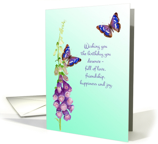 Birthday wishes with foxgloves and purple emperor butterflies card