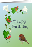 Happy Birthday Wishes with Hand-painted Robin and Peacock Butterflies card