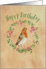 Happy Birthday with floral wreath and Robin card